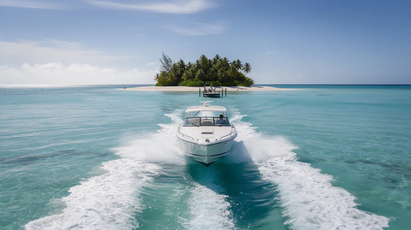 A sleek speedboat glides through calm turquoise waters, heading towards a small tropical island adorned with a dock and swaying palm trees, perfect for arrivals at the nearby FBO. The scene captures the essence of quality leisure travel to a picturesque destination.
