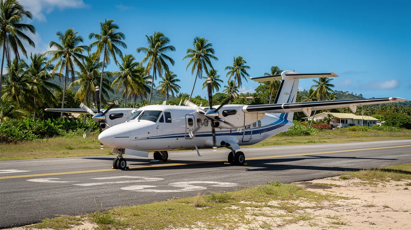 A small twin-engine turboprop aircraft is parked on a short tropical runway, surrounded by lush palm trees under a clear blue sky, evoking a sense of quality arrivals at a scenic cay airport.