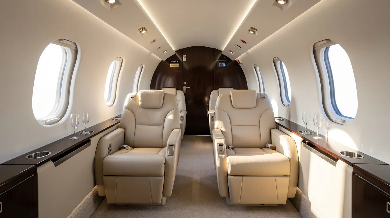 The image depicts the interior of a midsize private jet cabin, featuring luxurious leather seats and abundant natural light filtering through large windows. This elegant space exemplifies private jet travel, ideal for both business and leisure, showcasing the comfort and sophistication of chartering a private jet.