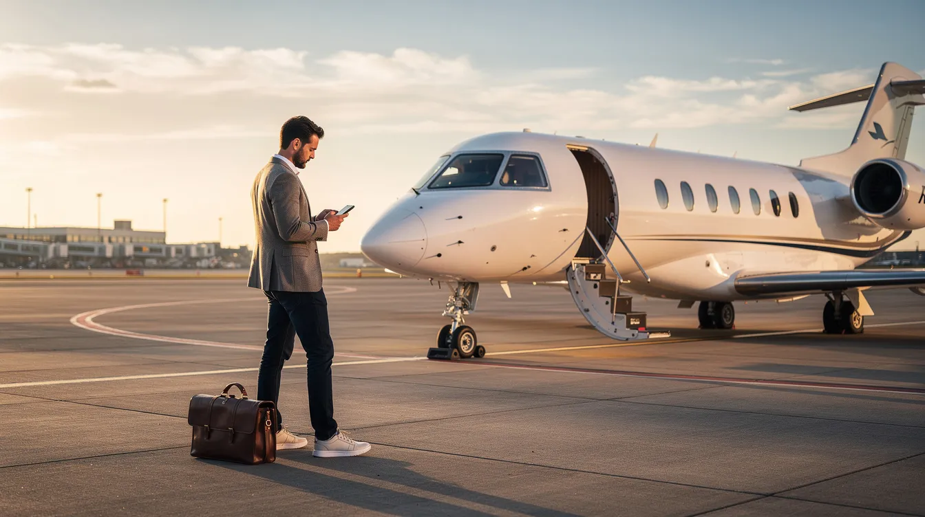 A traveler is standing next to a sleek private jet on a well-kept tarmac, intently checking their smartphone before boarding for a private flight. This scene captures the essence of private jet travel, highlighting the convenience and luxury of chartering a private jet for both business and leisure trips.