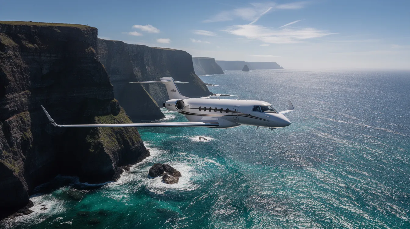 A private jet is soaring over a stunning coastline, with vibrant turquoise waters shimmering below. This scene captures the essence of private jet travel, highlighting the luxury and freedom associated with flying privately.