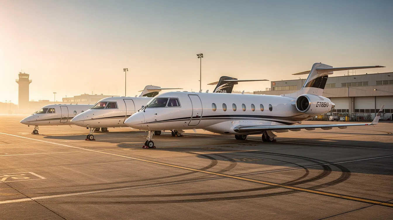 The image depicts a lineup of several private jets of varying sizes on an airport ramp, showcasing a small light jet alongside a large heavy jet. This scene highlights the diversity in private aviation, perfect for both business and leisure travel, and reflects the options available for private jet charter flights.