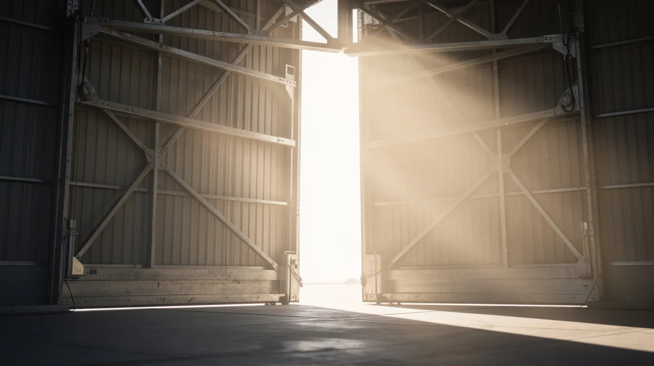 A close-up view of large bifold hangar doors partially open, allowing sunlight to stream into the interior of a steel aircraft hangar. The image highlights the steel structure and the spaciousness of the hangar, emphasizing its potential for customization and functionality.