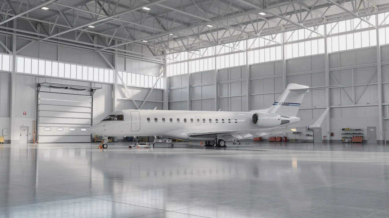 The image depicts the interior of a spacious steel aircraft hangar with high ceilings, showcasing a white business jet parked on a concrete slab. Large bi-fold hangar doors provide access, and the space is designed for functionality and air conditioning, emphasizing cost efficiency and potential customization options for future projects.