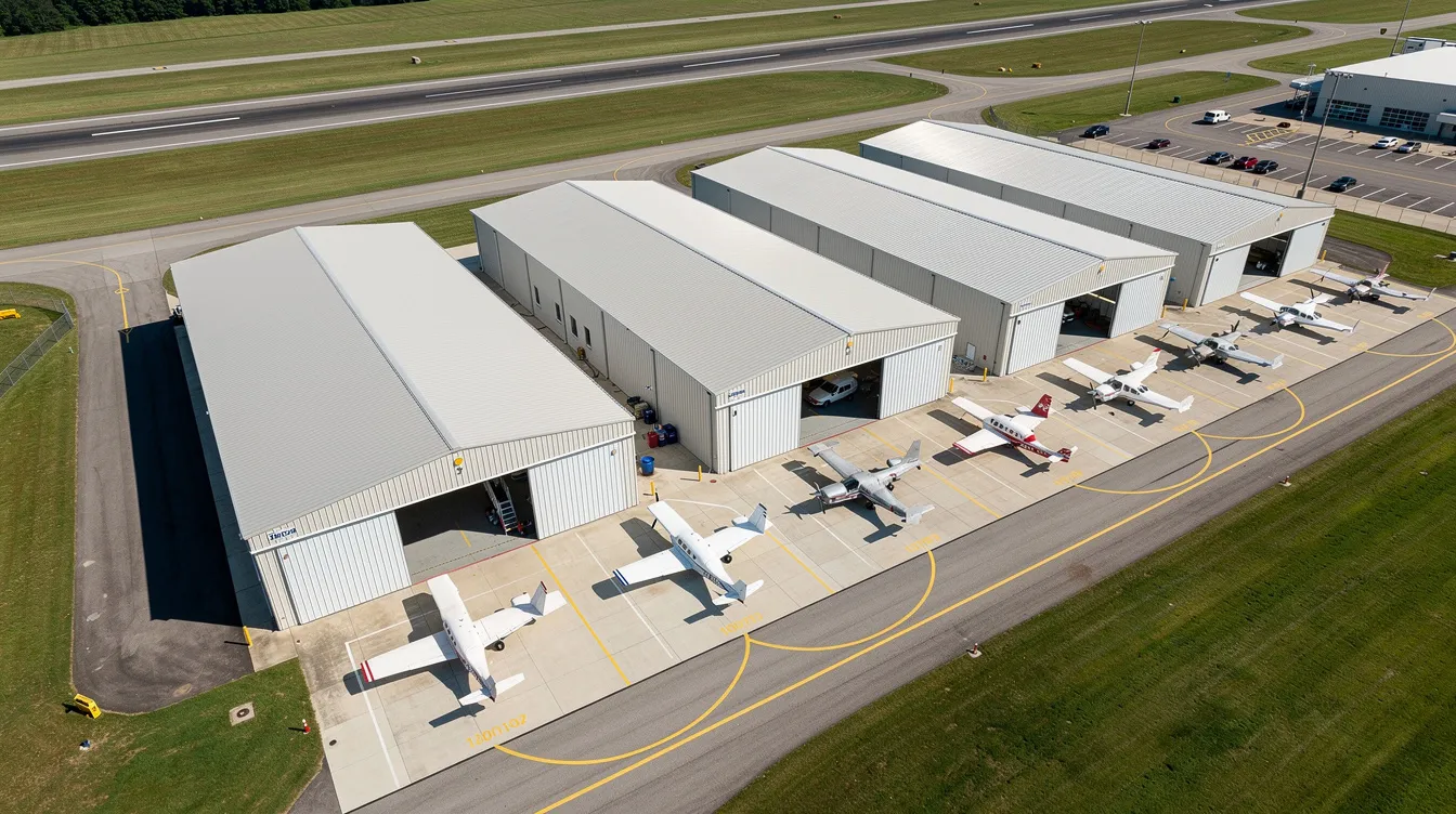 An aerial view showcases several small and mid-size airplane hangars arranged neatly at a regional airport, featuring steel structures with large hangar doors and concrete ramps. The image highlights the potential costs and customization options for building an aircraft hangar, including considerations for materials, insulation, and regular maintenance.