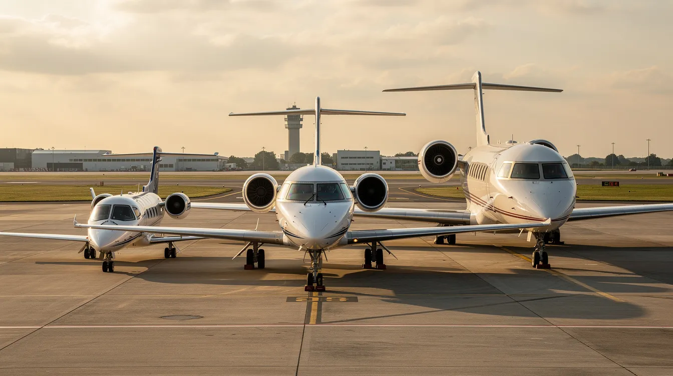 Three private jets of varying sizes are parked in a row on an airfield, showcasing a small light jet, a midsize jet, and a large heavy jet, highlighting the diversity in private aviation. This scene emphasizes the convenience and luxury of private jet travel, ideal for both business meetings and family vacations.