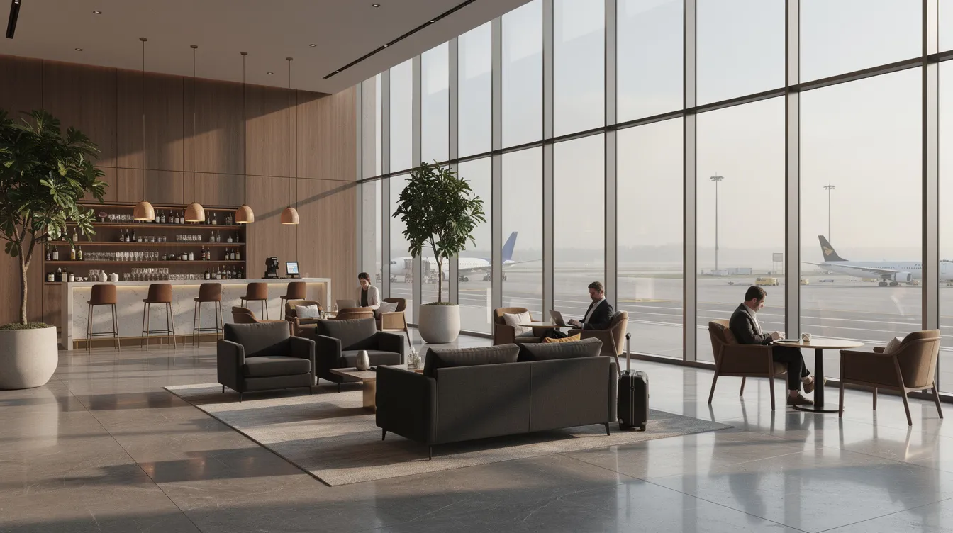 The image depicts a modern aviation lounge featuring large windows that provide a view of the runway, with comfortable seating arranged to maximize natural light. This private terminal offers a relaxing environment for travelers preparing for their private flights, surrounded by the ambiance of private aviation.