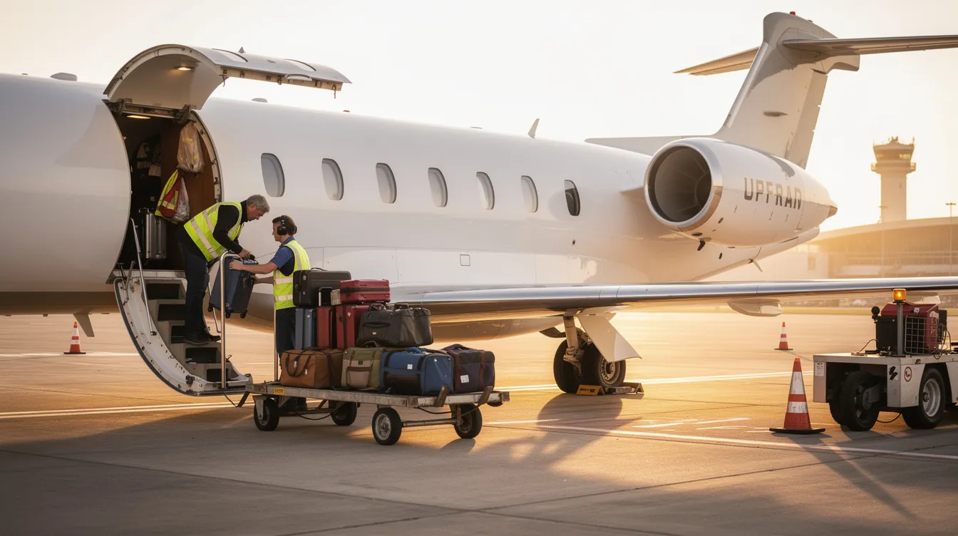 The image shows a ground crew loading suitcases into the open cargo hold of a midsize private jet on a tarmac, highlighting the efficient private jet boarding process. The scene captures the meticulous attention to detail that ensures a smooth experience for passengers flying private.