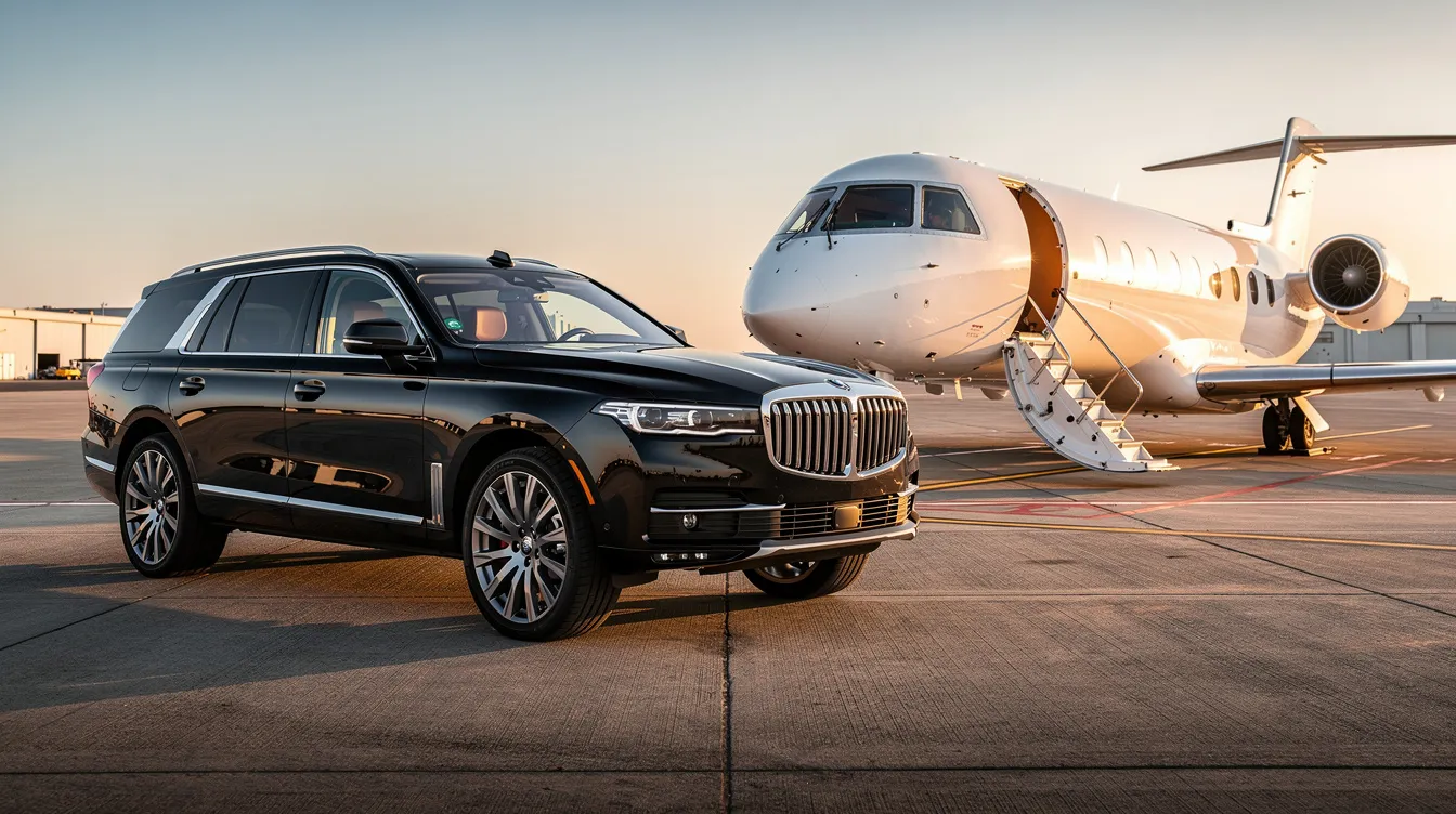 A sleek black luxury SUV is parked on the tarmac beside a white private jet with its door open, ready for passengers to embark on their private flight. This scene highlights the convenience and elegance of private aviation, offering a seamless boarding process for travelers.