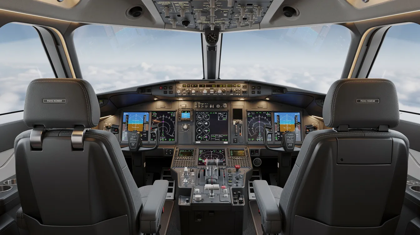 The image depicts a modern private jet cockpit featuring advanced digital avionics displays and two comfortable pilot seats, showcasing the cutting-edge technology typical of luxury private jets. This cockpit design emphasizes efficiency and precision, essential for business aviation and long-haul flights.