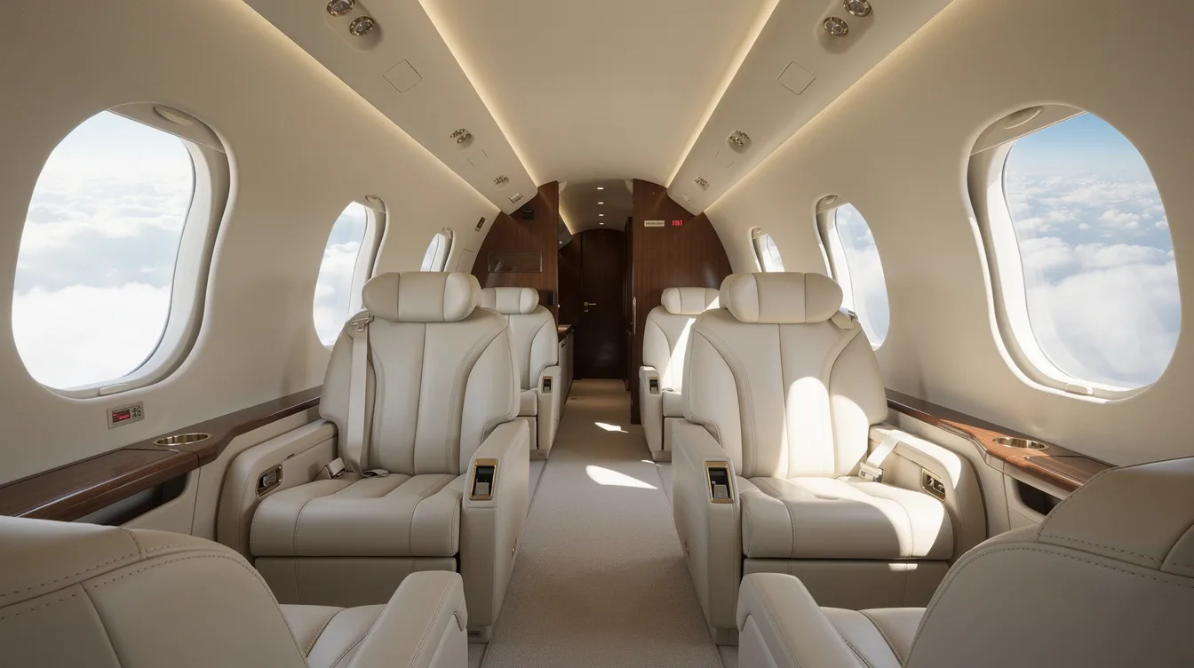 The image depicts the interior of a spacious private jet cabin, featuring cream leather seats and large oval windows that reveal a view of fluffy clouds outside. This luxurious setting exemplifies the comfort and elegance associated with private aviation, ideal for long haul flights or charter flights.
