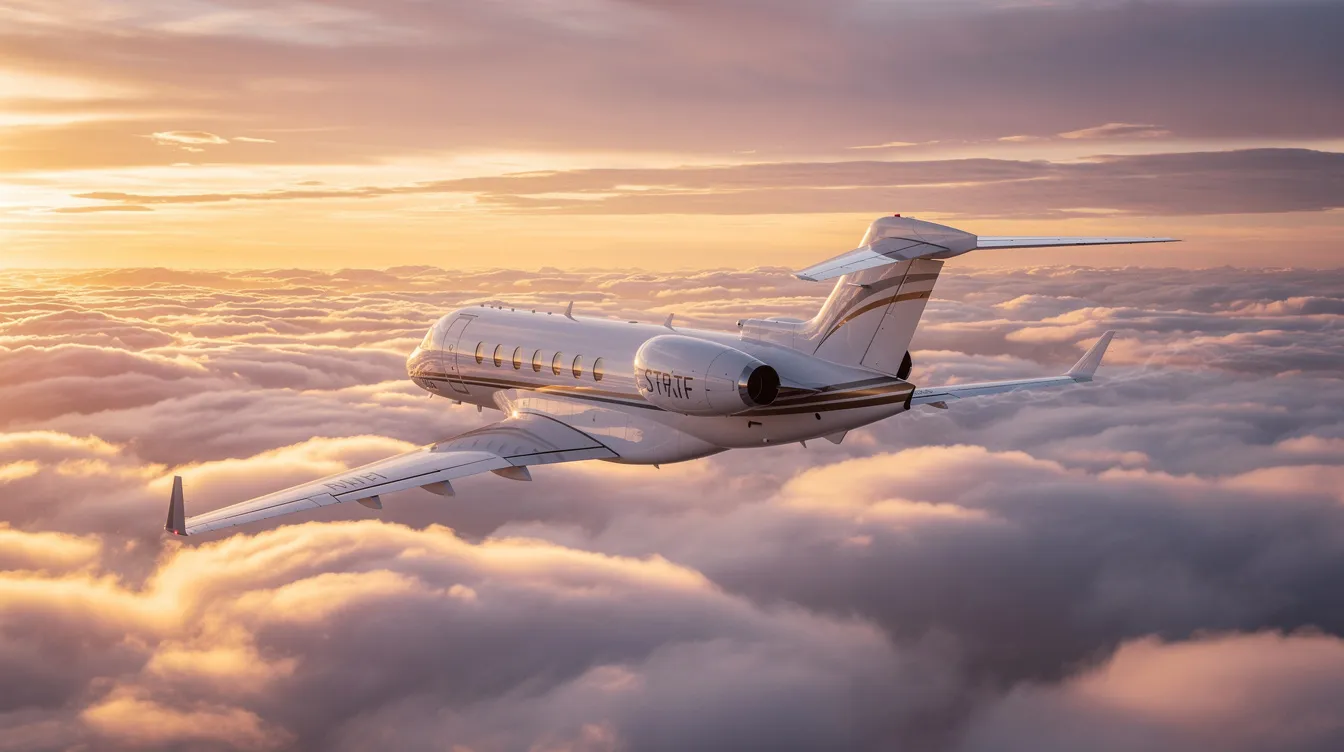 A private jet soars above fluffy clouds during sunset, surrounded by a stunning golden sky. This luxurious aircraft represents the pinnacle of private aviation, showcasing the elegance and freedom of flying in style.