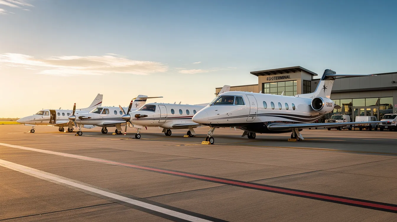 The image depicts several private aircraft of varying sizes parked on an airport ramp, with a private terminal building in the background, showcasing the diversity of private jet travel options available for travelers. This scene highlights the convenience and flexibility of private charter flights, catering to both business and leisure aviation needs.