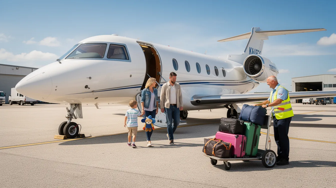 A family with young children is boarding a midsize private jet on a sunny day, while luggage is being loaded onto the aircraft. This scene captures the convenience and excitement of private jet travel, highlighting a seamless travel experience for leisure adventures.