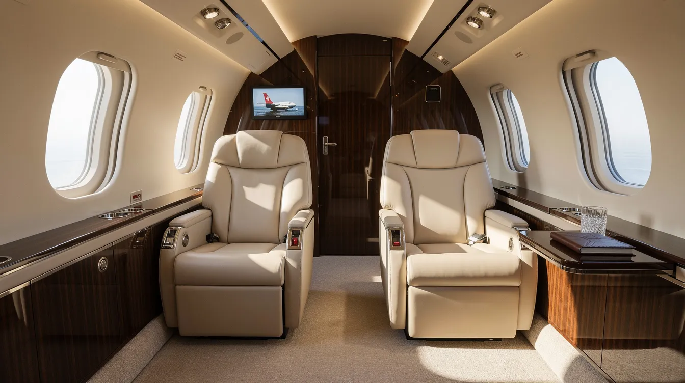 The image showcases a luxurious private jet interior featuring cream leather seats and elegant wood paneling, illuminated by natural light streaming through oval windows. This opulent setting highlights the comfort and sophistication of private jet travel, ideal for leisure and business journeys alike.