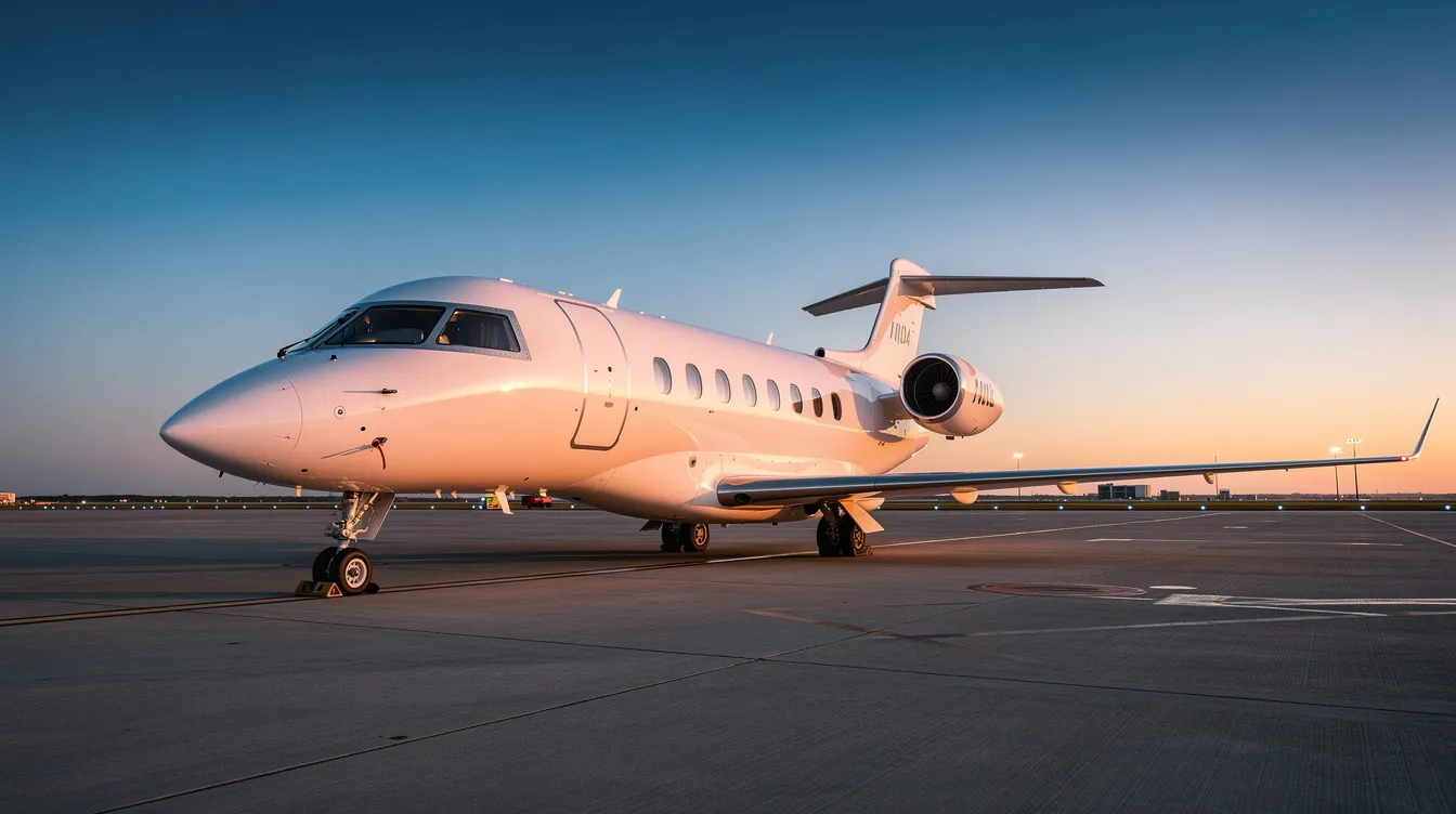 A sleek white private jet is parked on a tarmac at sunset, surrounded by a clear sky and distant runway lights, showcasing the allure of private jet travel and leisure air travel options. The vibrant colors of the sunset create a stunning backdrop, emphasizing the luxury and convenience of private charter flights.