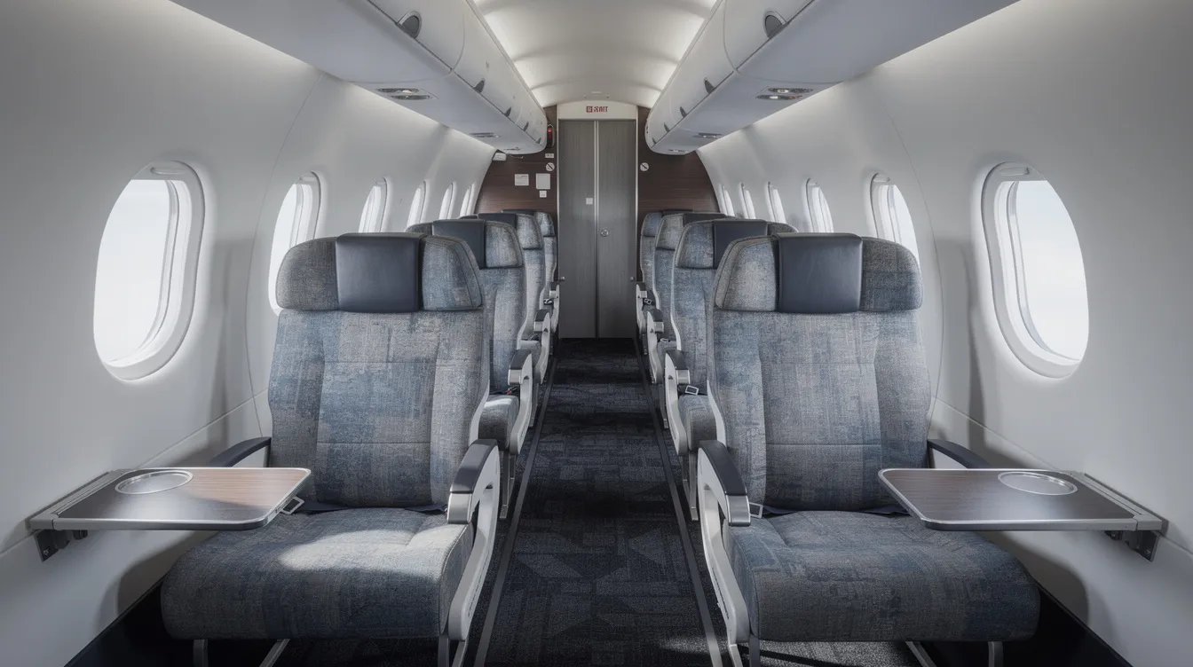 The image depicts the interior of an Embraer ERJ 145 regional jet cabin, featuring a narrow aisle flanked by rows of fabric seats, designed for high demand regional routes. The layout emphasizes the seating capacity, with fewer seats to enhance passenger comfort, and showcases overhead bin space for carry-on luggage.