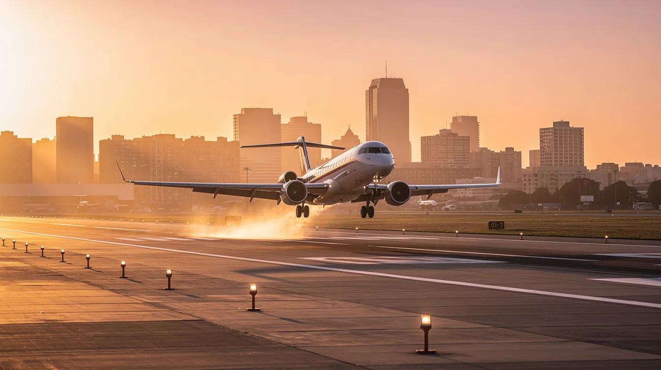A regional jet, specifically an Embraer ERJ 145, is taking off from a runway during golden hour, with a vibrant city skyline visible in the distance. The aircraft is designed for regional routes, featuring a narrow fuselage and seating capacity that accommodates thirteen fewer passengers compared to larger jets, making it ideal for high demand regional flights.
