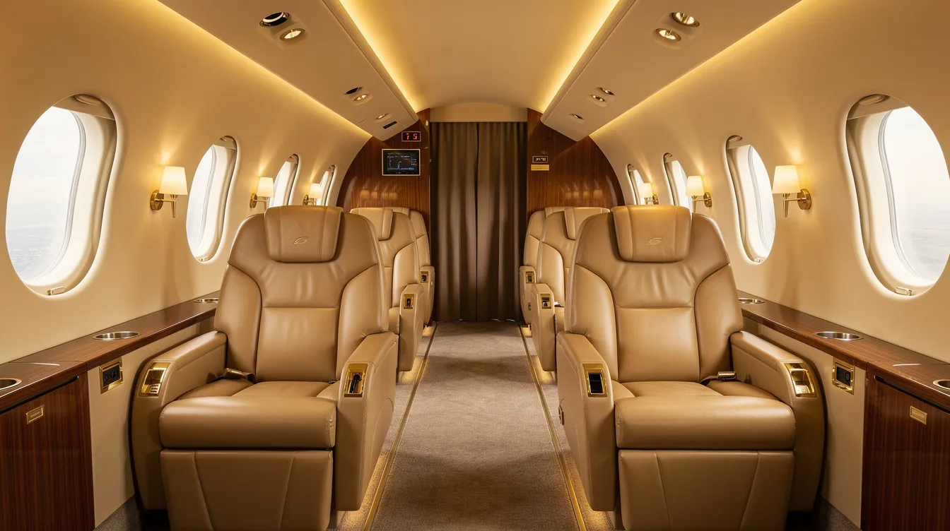 The image depicts a luxurious private jet cabin featuring comfortable leather seats arranged spaciously, complemented by warm ambient lighting. This inviting space is ideal for private charters and regional routes, offering an upscale travel experience with ample overhead bin space for carry-on luggage.