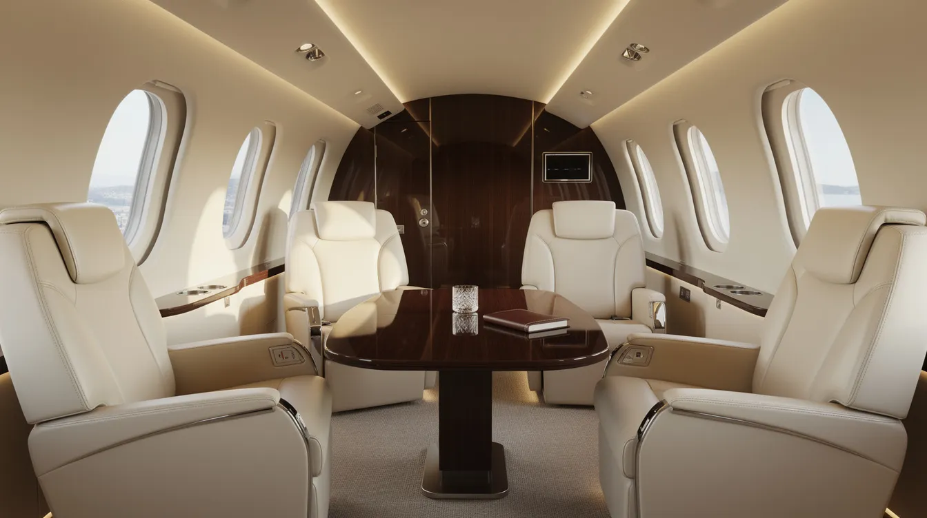 The image depicts the interior of a spacious large-cabin business jet, featuring luxurious cream leather seats arranged around a polished wood table, ideal for corporate aviation and private jet charter experiences. This elegant setting emphasizes comfort and professionalism, aligning with the high standards set by executive fliteways for secure air travel.