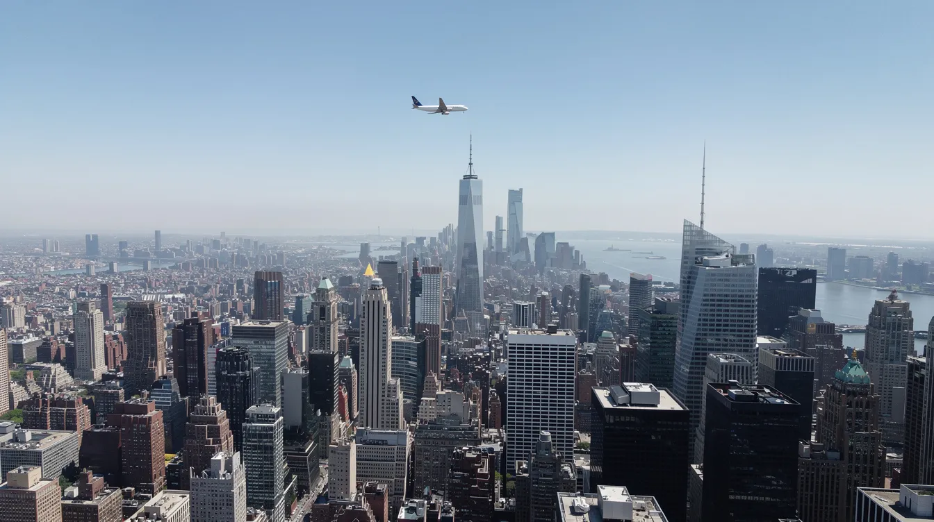 An aerial view showcases the iconic New York City skyline, with a small private jet visible in the distance against a clear blue sky, highlighting the essence of corporate aviation and secure air travel. This scene reflects the high standards of charter aircraft operations, emphasizing the luxury and efficiency of private jet charters.
