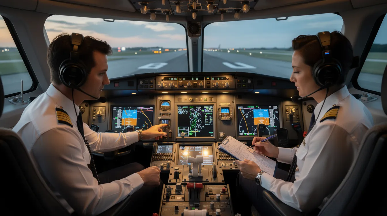 Two pilots are seated in the cockpit of a private jet, carefully reviewing the instruments before departure. The scene reflects the precision and responsibility involved in aircraft management, showcasing the professionalism inherent in the world of aircraft charter and leasing.