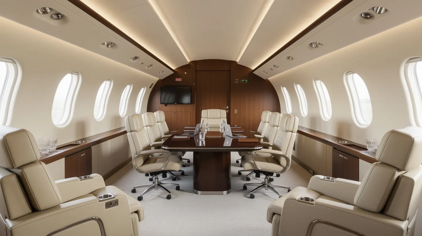 The image depicts the interior of a spacious large-cabin private jet, featuring luxurious leather seats arranged around a sleek conference table, ideal for business meetings in the sky. This elegant aircraft exemplifies the high standards of private aviation, often associated with aircraft charter and management in locations like Fort Lauderdale and Van Nuys.