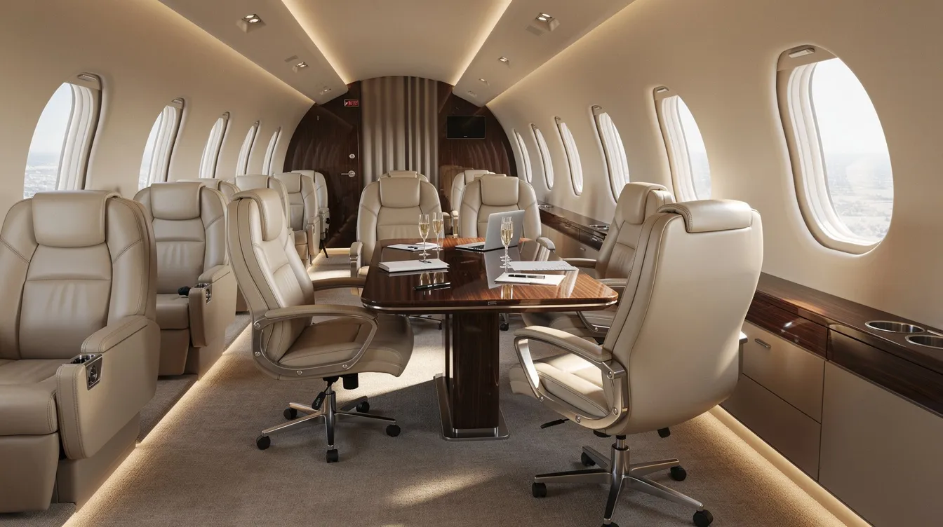 The image depicts the interior of a private jet featuring luxurious leather seats arranged around a small conference table, designed for business class travelers seeking comfort and productivity during their flights. This spacious business class cabin offers an elegant atmosphere ideal for meetings or relaxation, catering to the needs of first class passengers.