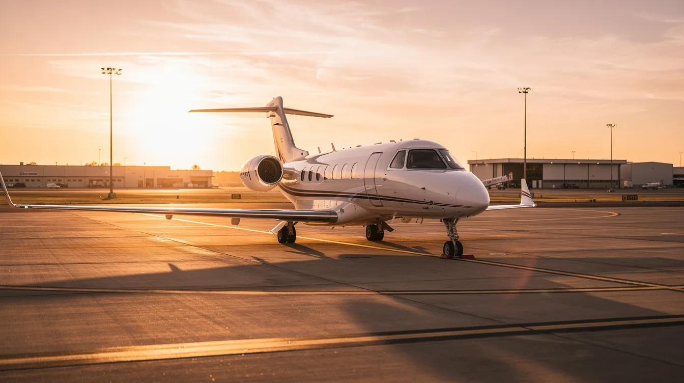 A small private jet is parked on the tarmac of a regional airport during golden hour, casting a warm glow on its sleek design. This luxurious aircraft is often associated with business class travel, offering spacious seating and amenities for business class passengers.
