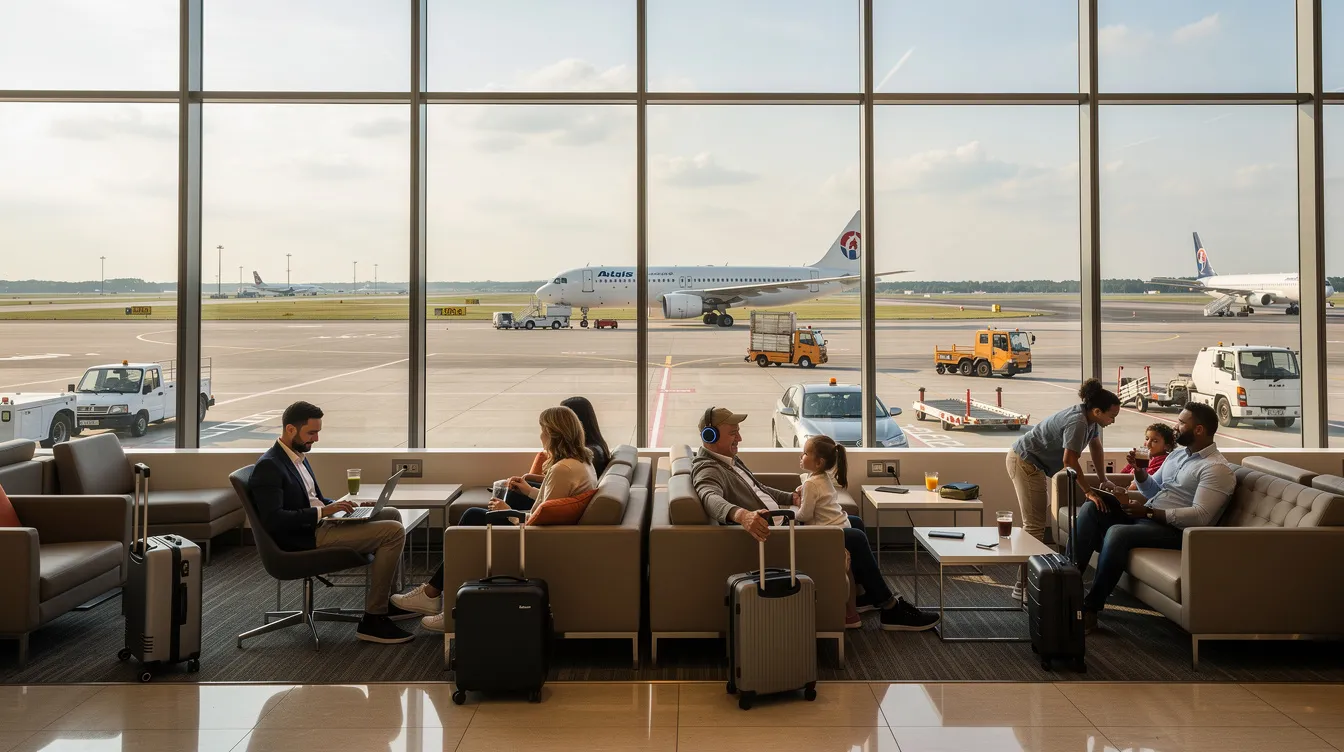 Travelers are seen relaxing in a spacious airport lounge, featuring large windows that offer a view of the runway. The scene captures business class passengers enjoying their time in comfortable seating, indicative of the premium experience that includes lounge access and amenities typically associated with international business class travel.