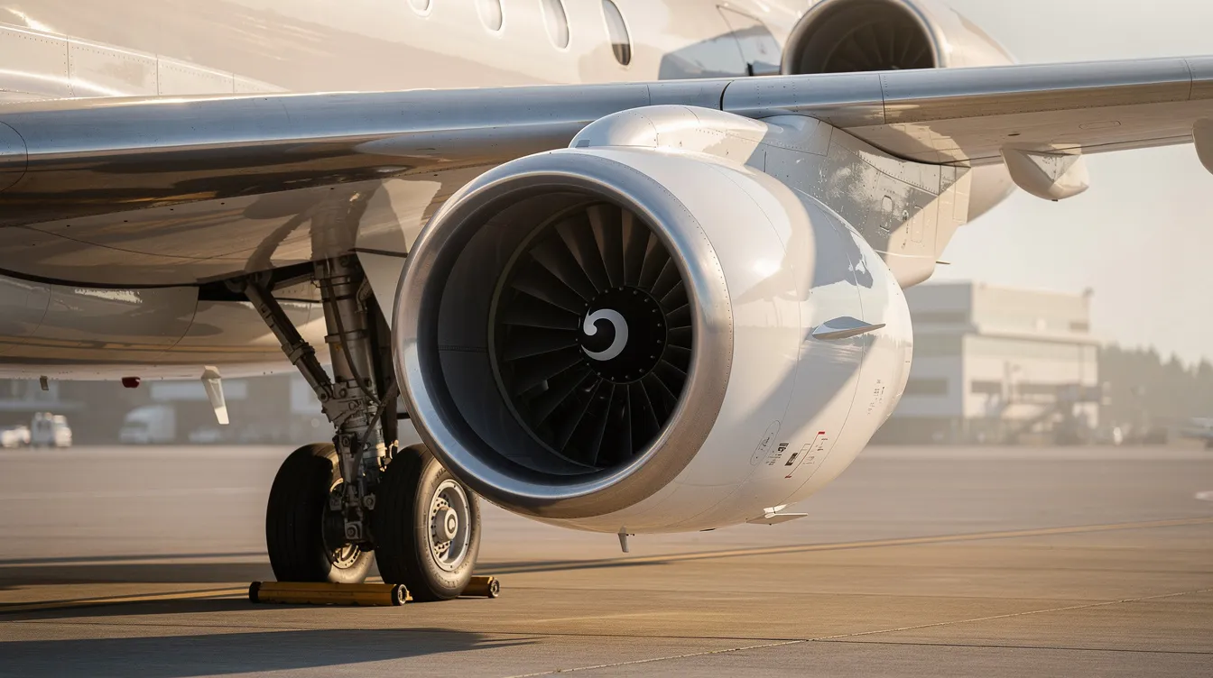 A close-up view of a large turbofan engine, prominently mounted under the wing of a sleek business jet, showcases its advanced engineering on the tarmac. This powerful engine is designed for high-speed cruise and maximum range, embodying the innovation and performance of Gulfstream aerospace.
