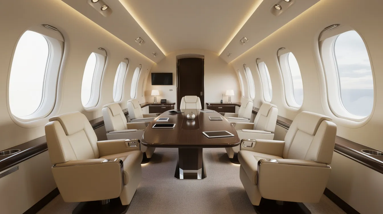 The image showcases a spacious business jet cabin interior featuring large Gulfstream panoramic oval windows that provide ample natural light. The soft lighting complements the comfortable seating arranged in a conference layout, ideal for business aviation meetings.