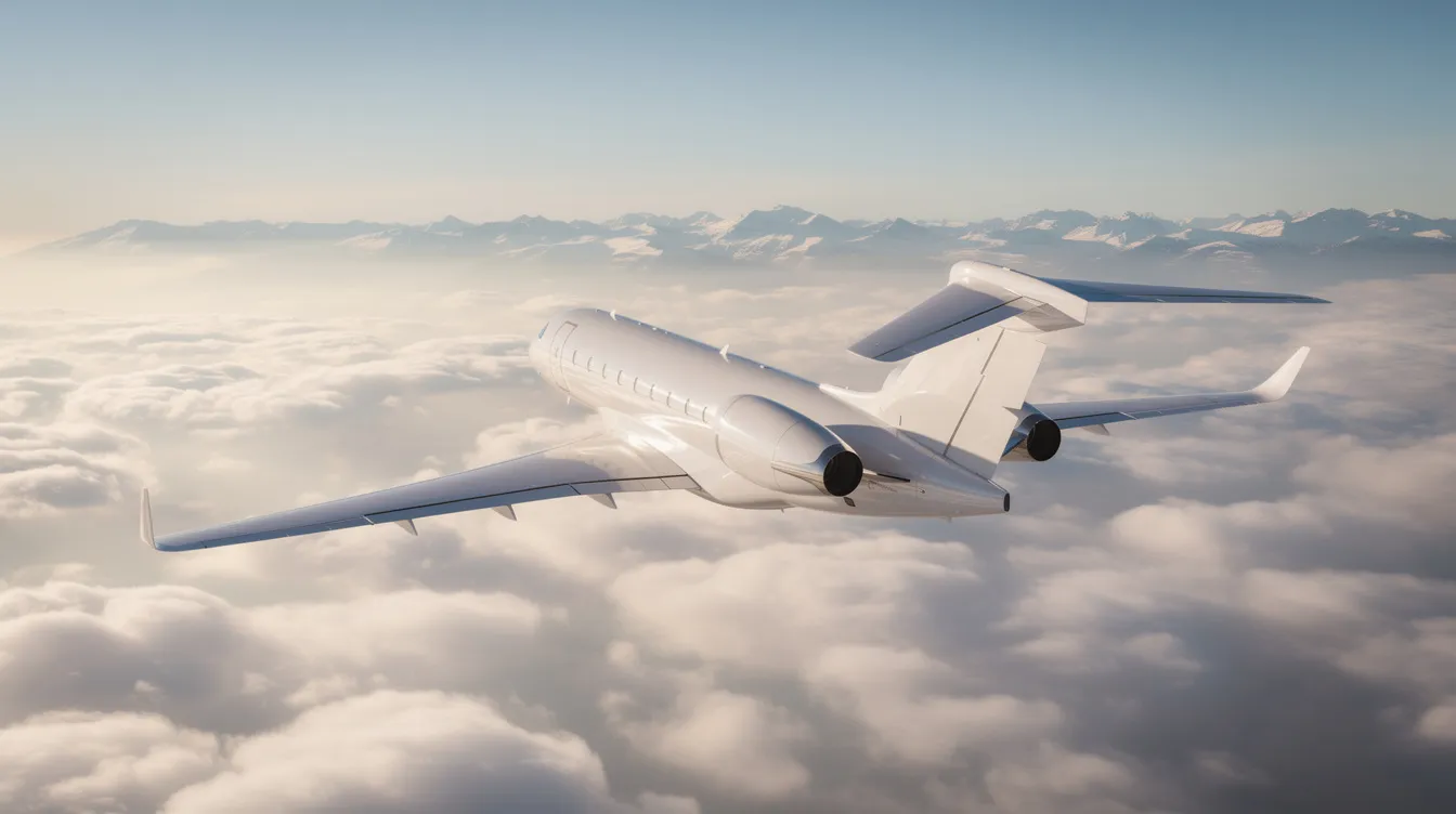 A sleek white business jet, featuring a low wing design, soars gracefully above a blanket of fluffy clouds, with majestic mountains peeking through in the distance, offering an incredible view of the landscape below. This aircraft, emblematic of modern aviation, highlights the advancements in general aviation and the performance capabilities that most pilots aspire to achieve.