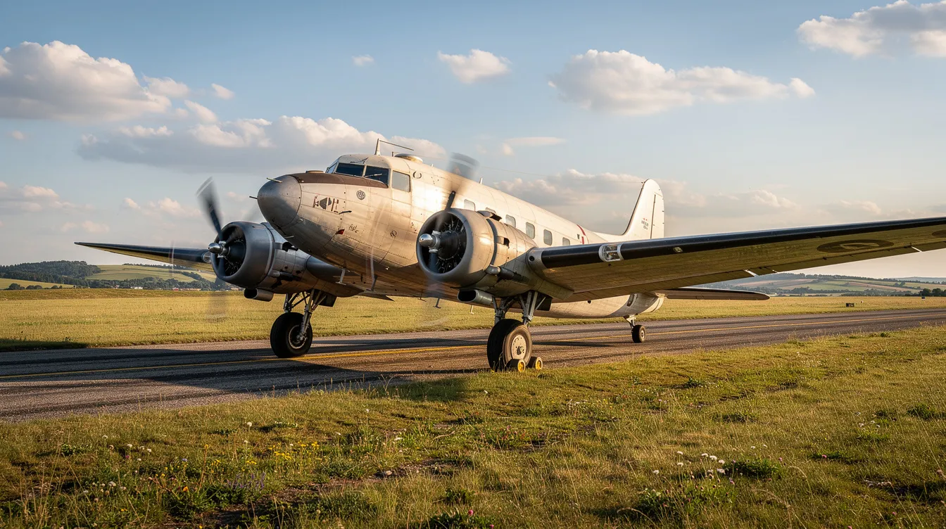 A vintage twin-engine propeller aircraft is parked on a grassy runway, with rolling hills providing a scenic backdrop. The airplane features a fixed gear design and showcases the classic style of general aviation, evoking a sense of nostalgia and adventure in aviation history.