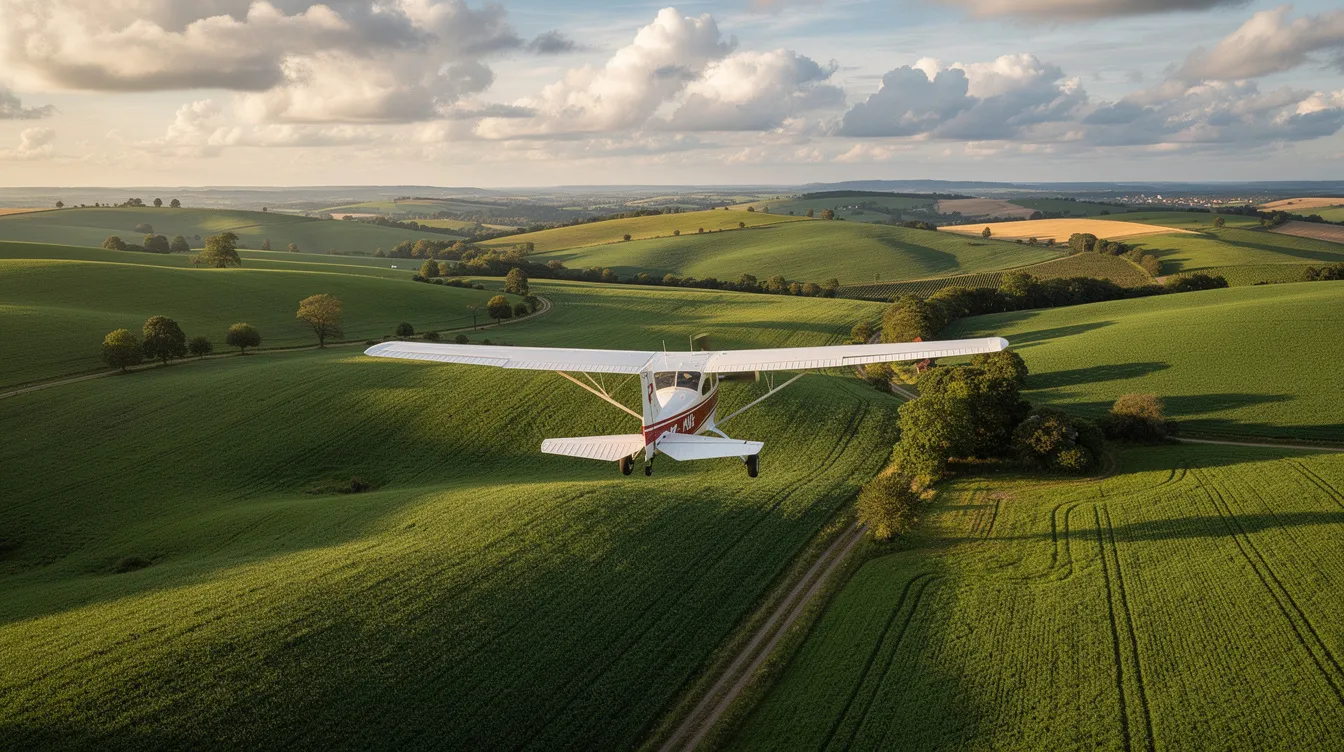 A small Cessna aircraft is flying low over lush, rolling green farmland beneath a partly cloudy sky, showcasing its sleek wings and powerful engine. The airplane, designed for personal flying, appears to be maneuvering gracefully, highlighting its impressive handling characteristics and performance.