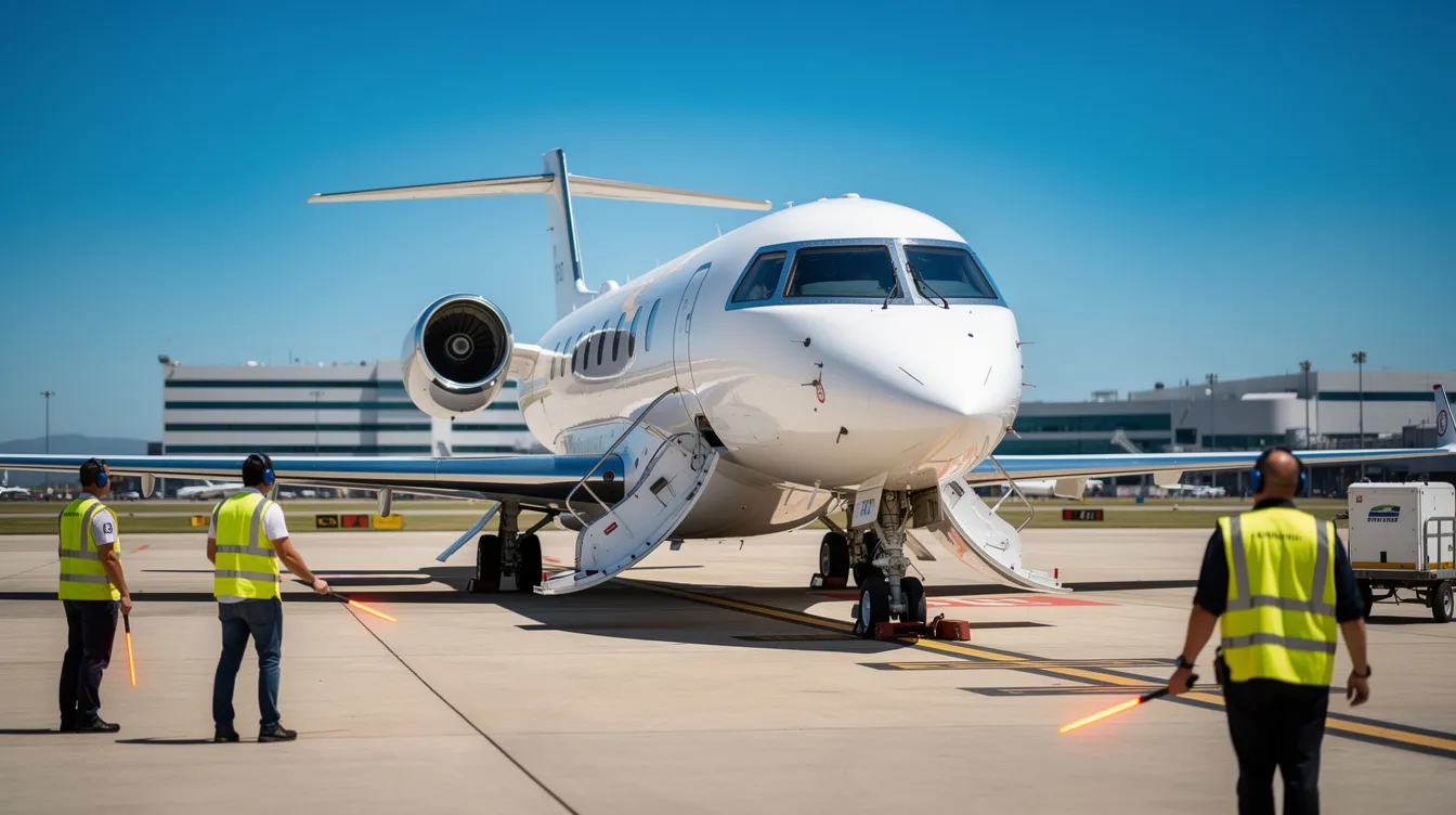 A modern white private jet, resembling a Cessna aircraft, is parked on a tarmac with ground crew members nearby, under a clear blue sky. The aircraft features sleek wings and is equipped with landing and taxi lights, showcasing its capabilities for personal and commuter flights.
