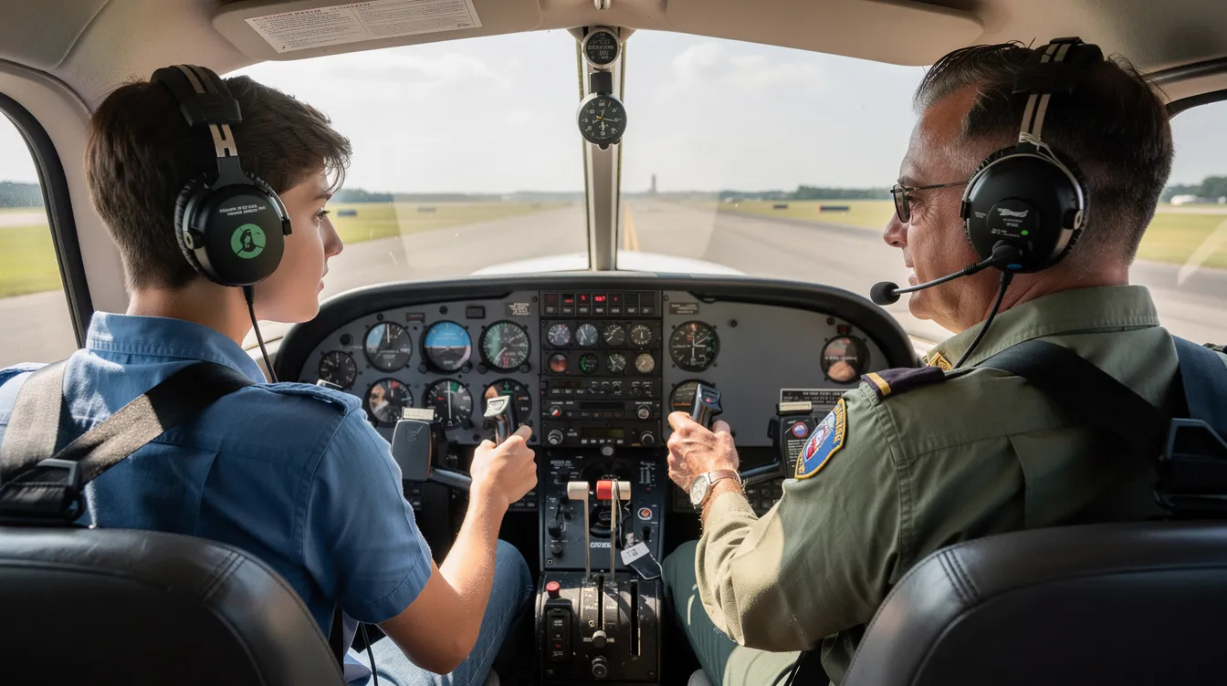 In the cockpit of a small Cessna aircraft, a young student pilot and an instructor are seated, surrounded by an instrument panel featuring various analog gauges. The cockpit is equipped with dual controls, providing a hands-on training experience for flying, while the visibility through the rear window allows a glimpse of the wings and fuselage outside.