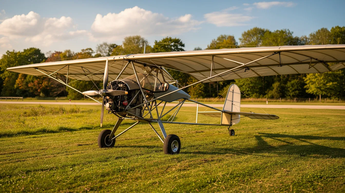 A lightweight tube-and-fabric ultralight aircraft is parked on a grassy strip, surrounded by trees in the background, showcasing its sleek design ideal for recreational flying. This aircraft represents the best ultralight aviation options for enthusiasts and ultralight pilots seeking affordable and customizable flying experiences.
