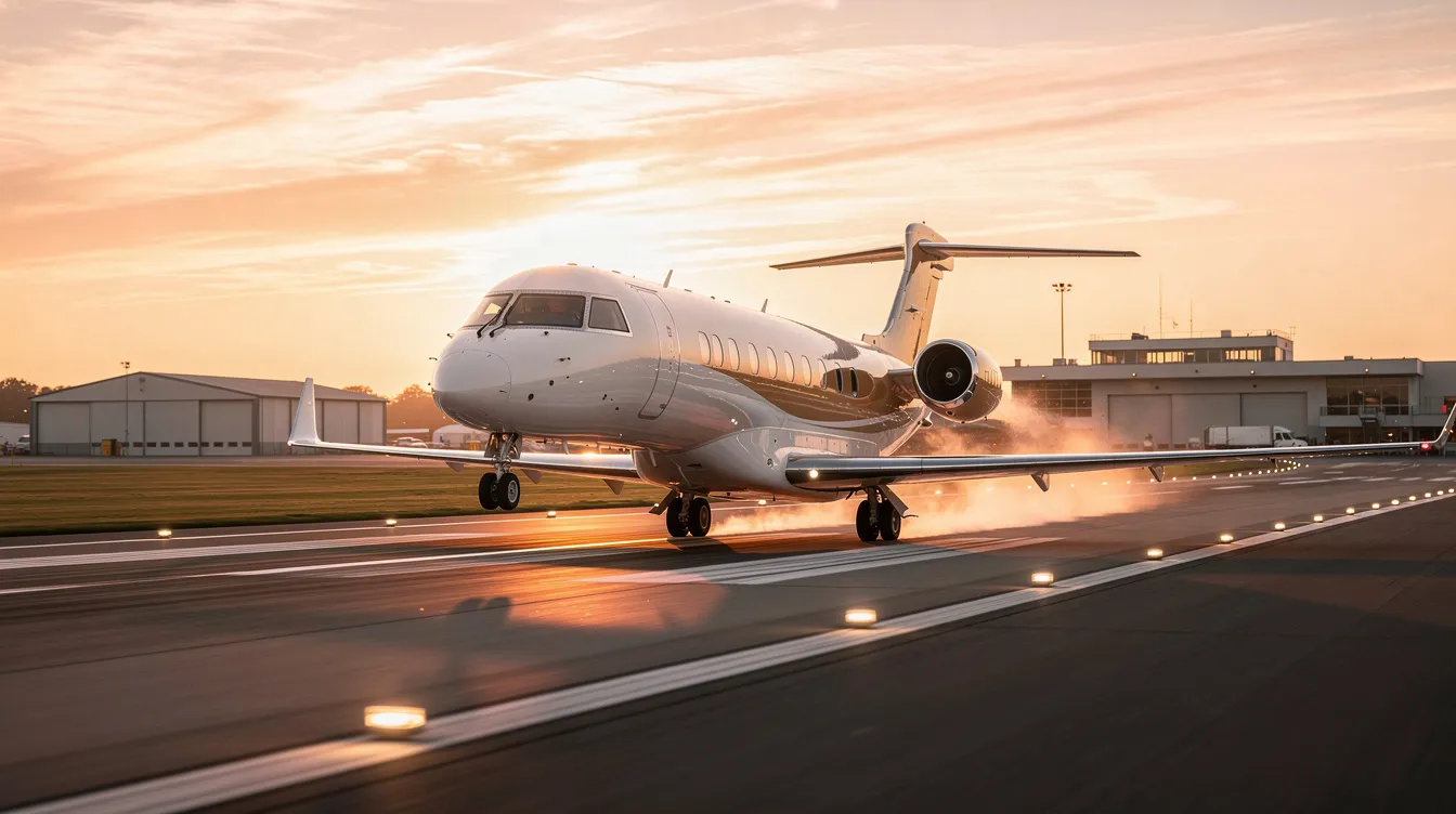 A sleek light jet is taking off from a small regional airport runway, silhouetted against a vibrant sunset sky. The aircraft, designed for private flights, showcases its smooth lines and modern features as it ascends into the evening air.