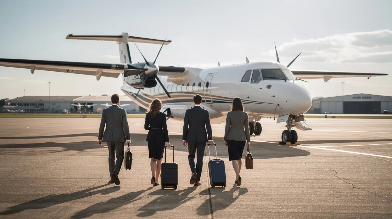 A small group of professionals is walking toward a Beechcraft 1900D, a popular regional airliner known for its taller passenger cabin and twin-engine turboprop design, on an airfield. The aircraft, featuring substantial redesign elements, is preparing for a flight, showcasing its new version with more powerful engines.