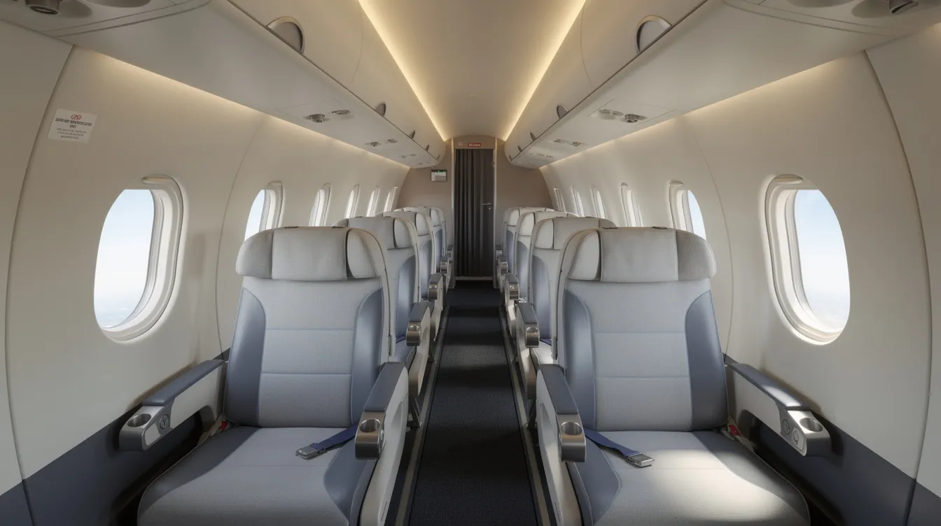 The image shows the interior of a Beechcraft 1900D regional airliner cabin, featuring rows of passenger seats arranged along a narrow center aisle, designed to allow passengers to walk upright. The taller passenger cabin provides a comfortable environment for travelers, showcasing the efficient layout typical of this popular twin-engine aircraft.