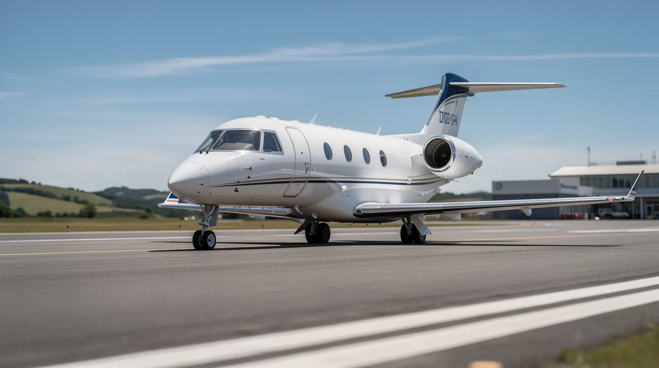 A small private jet is taxiing on the runway at Ann Arbor Municipal Airport on a clear day, with the surrounding facilities and aircraft parking visible in the background. The scene captures the active transportation environment typical of regional airports in Michigan.