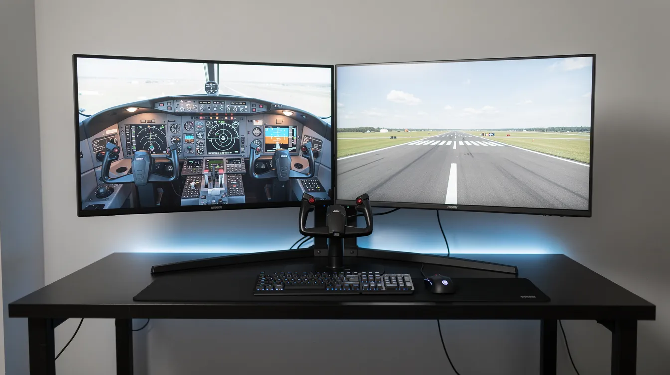 The image depicts a modern flight simulator setup featuring dual screens that display a detailed cockpit instrument panel on one side and a runway ahead on the other, ideal for student pilots undergoing flight training. This advanced setup is essential for aspiring pilots to gain flight experience and prepare for their private pilot license.