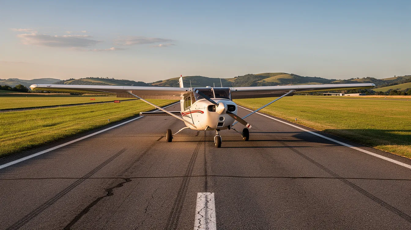 A small white single-engine training aircraft is parked on a quiet runway, surrounded by lush green grass and rolling hills in the background, perfect for aspiring pilots to begin their flight training journey. This serene setting reflects the ideal environment for student pilots to gain valuable flight hours as they work towards obtaining their private pilot license.