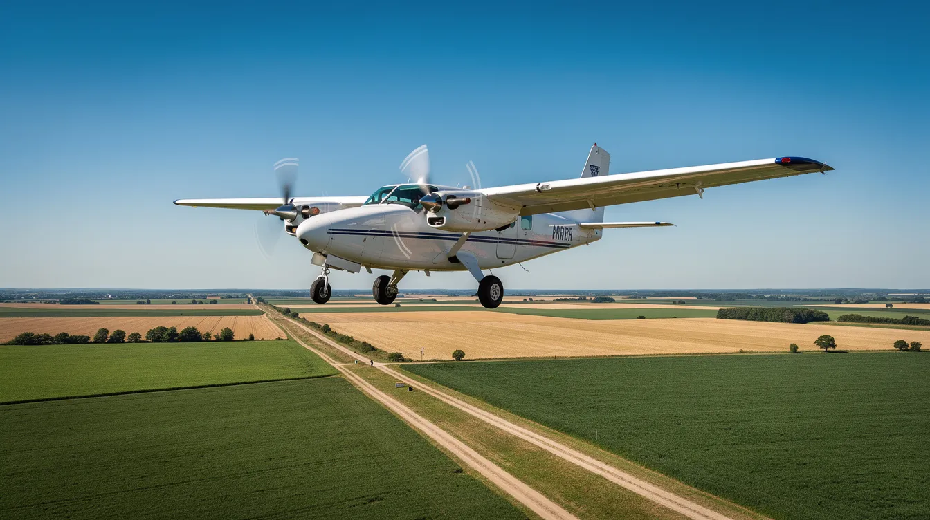 A dual-engine training aircraft is flying low over expansive flat farmland beneath a clear blue sky, showcasing an ideal scene for flight training. This image highlights the practical experience student pilots gain during their flight lessons as they prepare for their private pilot license.