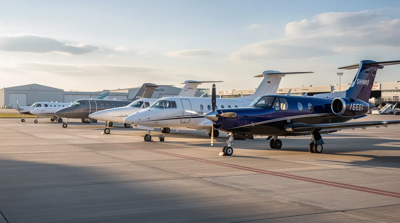 The image shows several small private aircraft, including a Cirrus Vision Jet, parked side by side on an airport ramp. These aircraft, designed for personal transportation, feature various models such as piston aircraft and light jets, showcasing the diversity in single pilot operations and jet comfort.