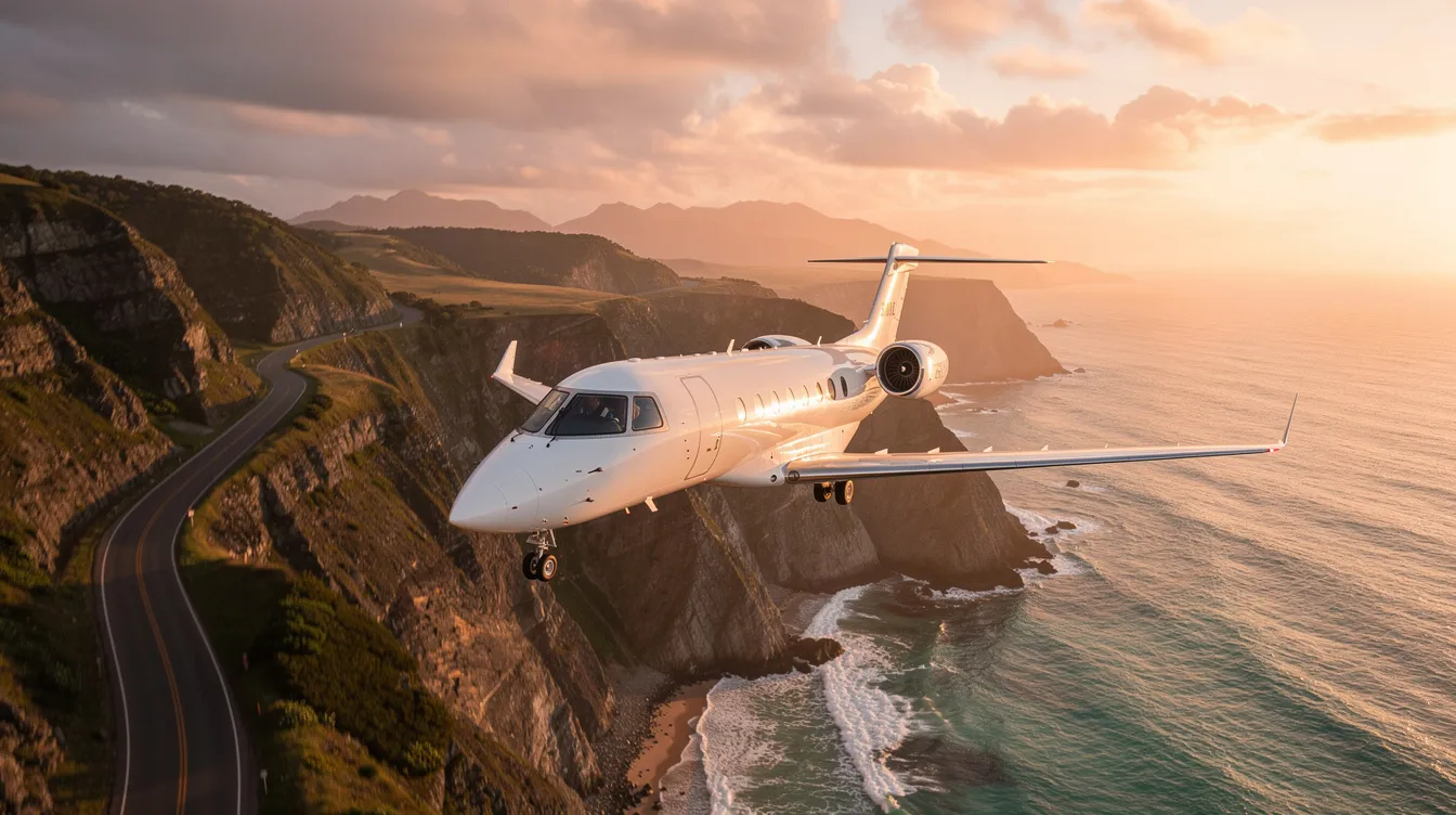 A Cirrus Vision Jet is flying low over a stunning coastal landscape during the golden hour, showcasing its sleek design and impressive performance. The light jet glides gracefully, embodying the convenience of personal transportation with its advanced technology and single pilot operations.