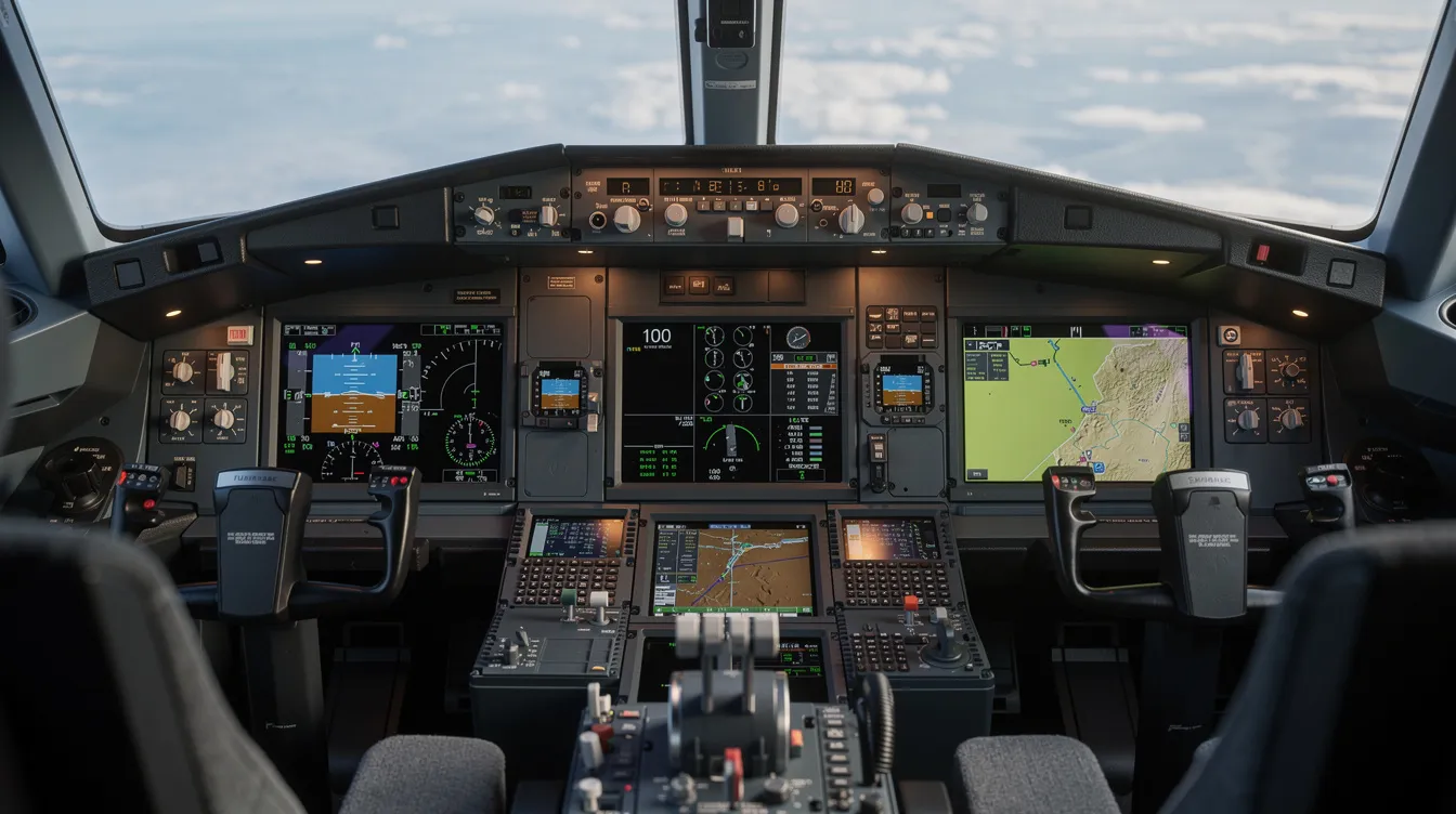 The image features a modern glass cockpit equipped with multiple digital screens that display essential flight instruments, including a map for navigation. This advanced flight deck exemplifies the technology and capabilities of the Cirrus Vision Jet, designed for single pilot operations and enhanced safety with systems like the Cirrus Airframe Parachute System.