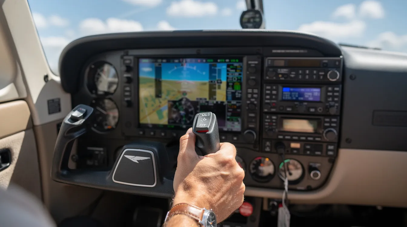 A close-up view of a Cessna 172 cockpit showcases a modern glass panel avionics display, with a pilot's hand firmly gripping the yoke, emphasizing the importance of safety and control in aviation. This image highlights the intricate instruments that pilots rely on for navigation and flight instruction, essential for ensuring a secure flying experience.