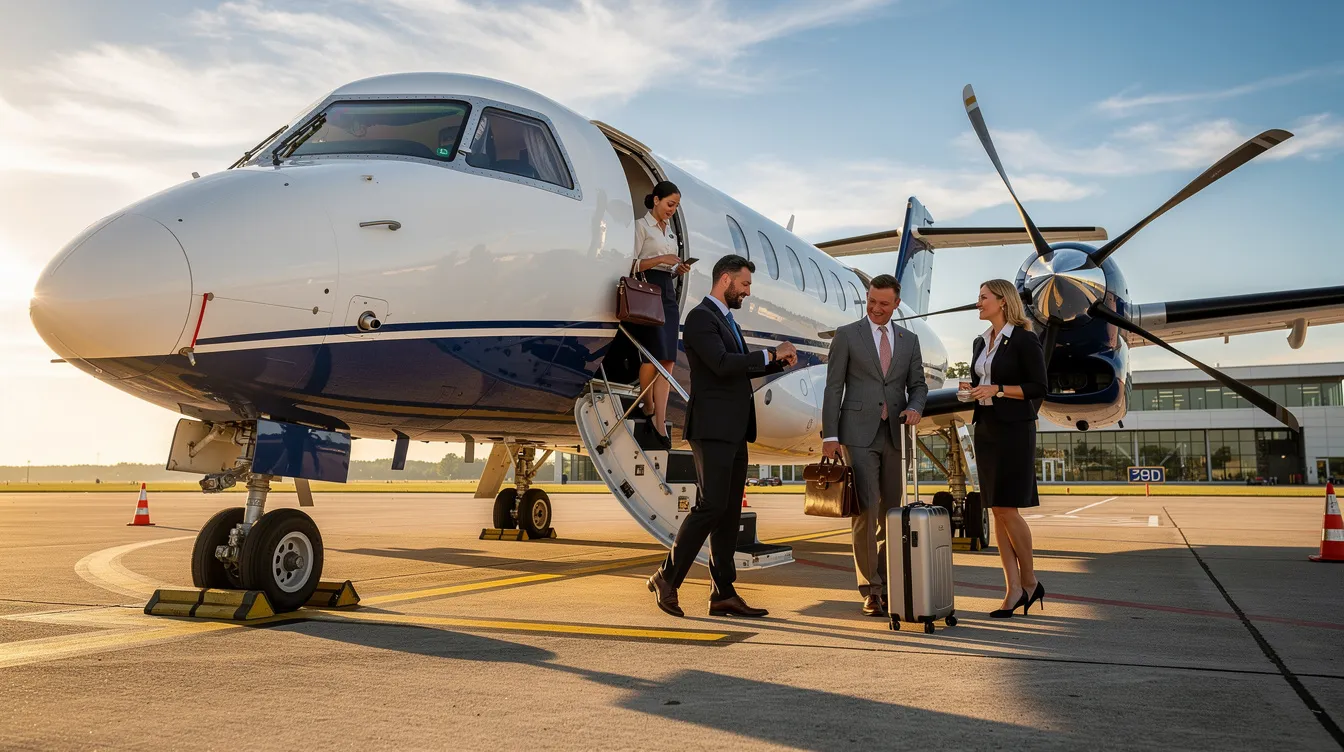 A group of executive passengers is boarding a small turboprop aircraft at a regional airport on a sunny morning, with the aircraft's propeller blades glinting in the sunlight. The scene captures the essence of modern turboprop technology, highlighting its suitability for regional routes and short haul aviation missions.